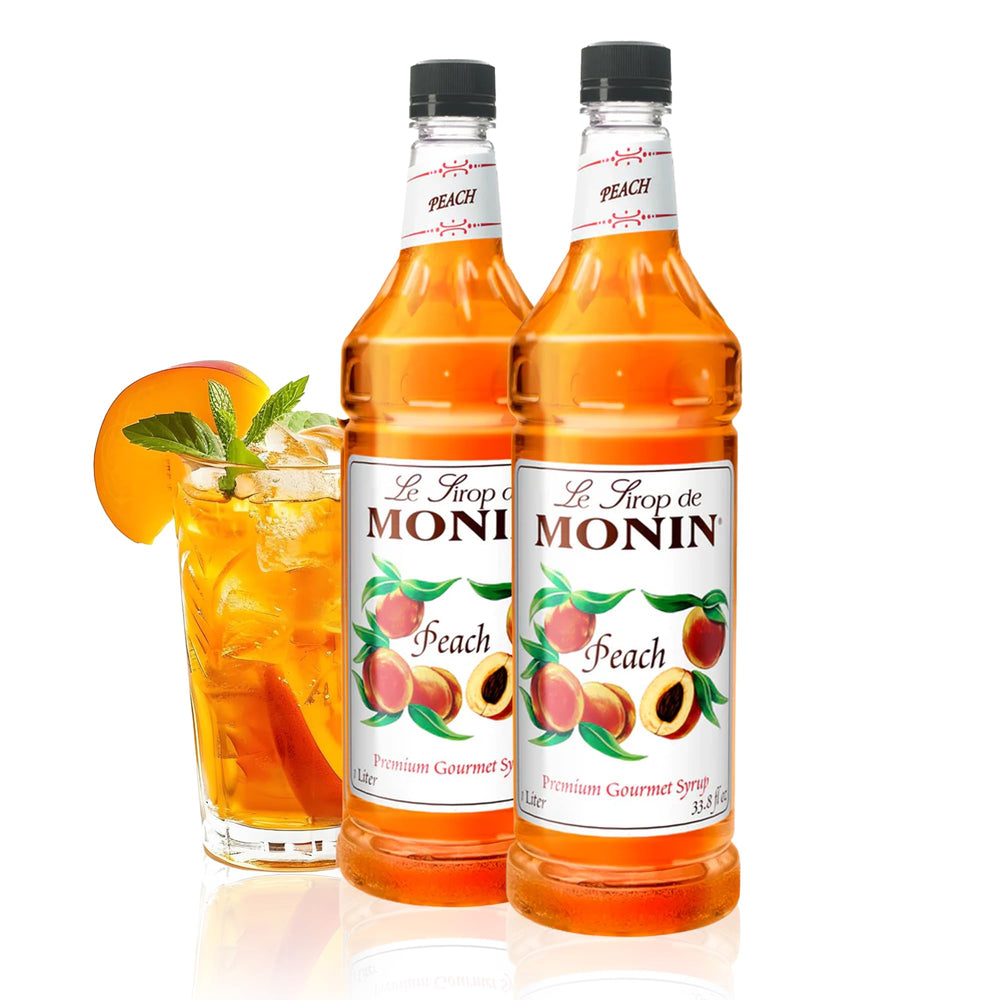 Monin peach syrup front view showing two 1L bottles and clear label benefits
