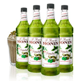 Monin pistachio syrup front packaging showing bottle and label benefit
