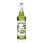 Monin pistachio syrup front bottle showing label and convenient pour for recipe consistency