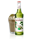 Monin pistachio syrup front label showing 750 ml bottle and brand clarity