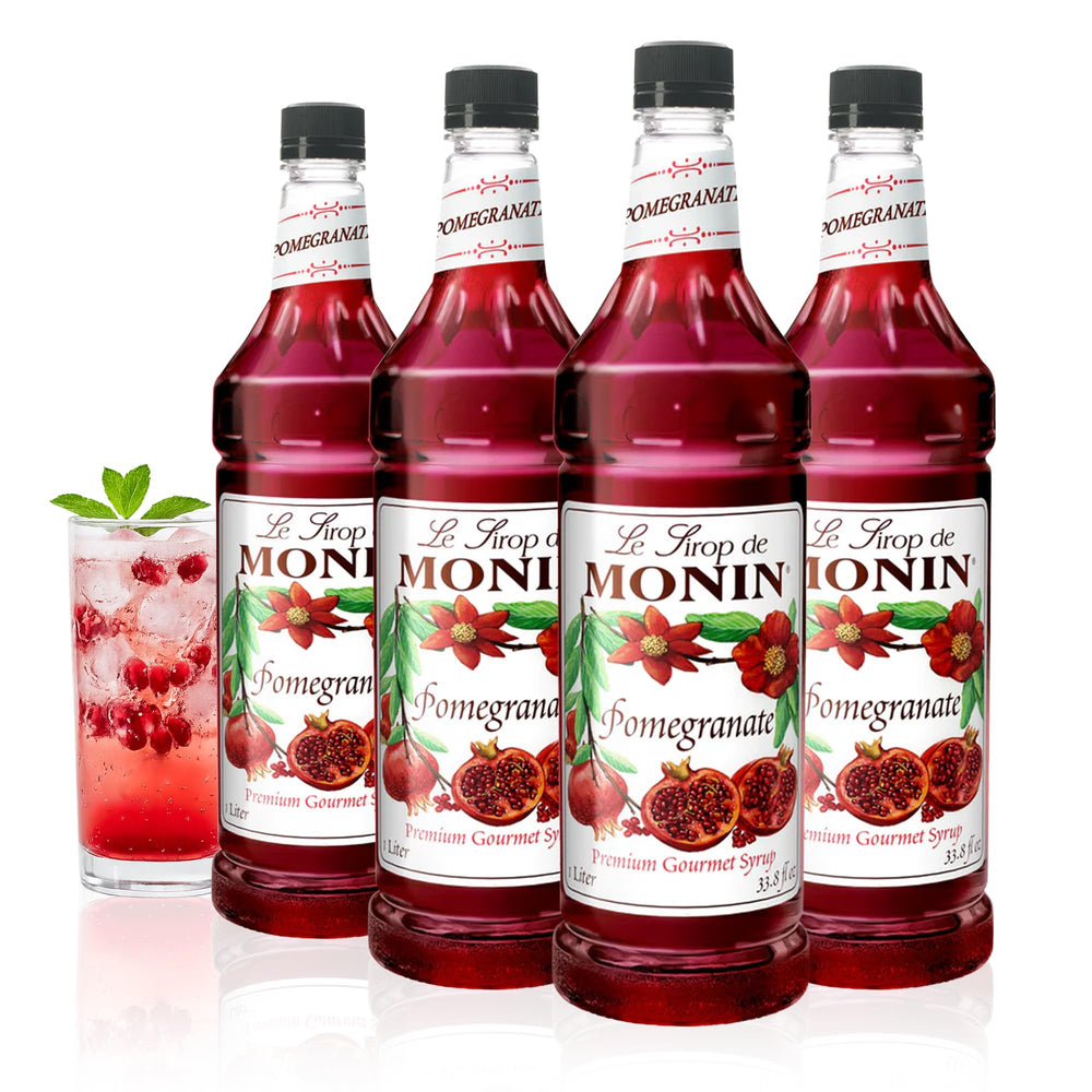 Monin bottle front view showing pomegranate syrup branding and clear benefit