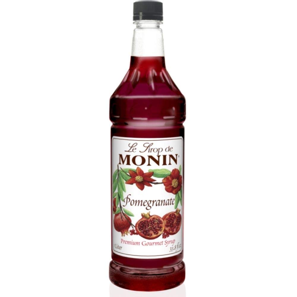 Monin pomegranate syrup bottle front view showing label and 1 L size for reliable flavoring