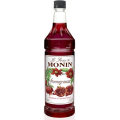 Monin pomegranate syrup bottle front view showing label and 1 L size for reliable flavoring