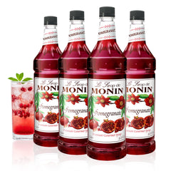 Monin bottle front view showing pomegranate syrup branding and clear benefit