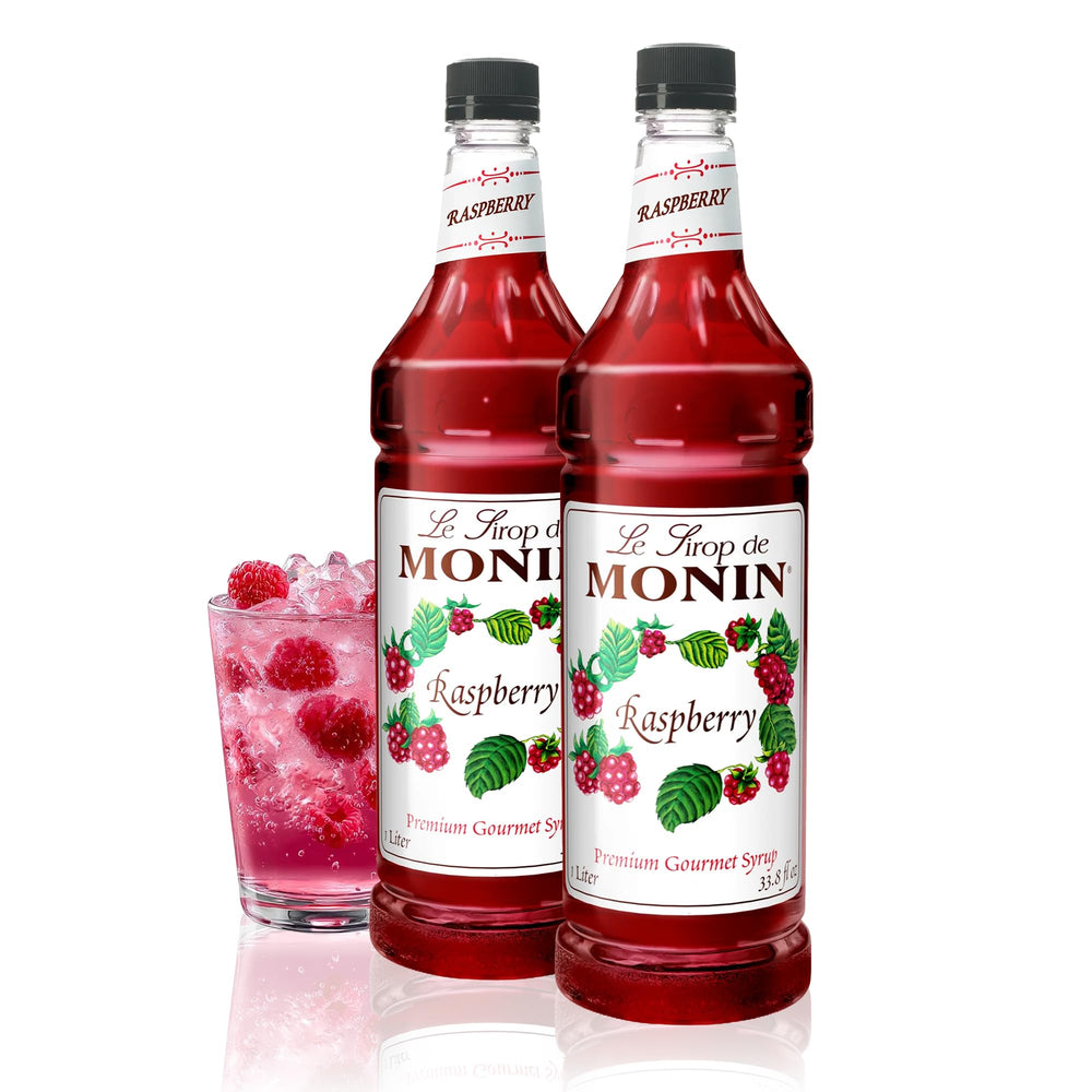 Monin raspberry syrup front packaging showing two 1L bottles and serving benefit
