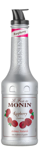 Monin raspberry puree front bottle showing label and 1L size benefit