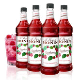 Monin raspberry syrup front bottle showing label and vibrant color benefit: clear identification