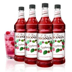 Monin raspberry syrup front bottle showing label and vibrant color benefit: clear identification