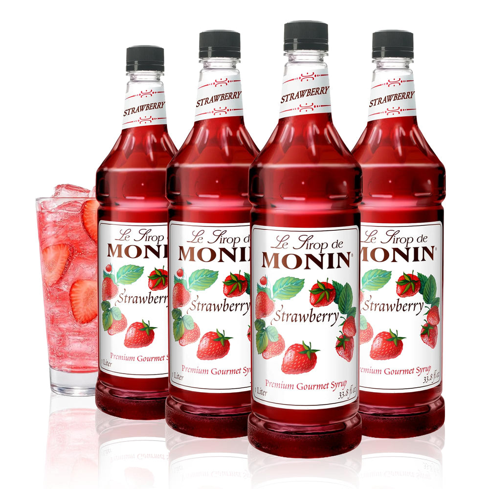 Monin bottle front packaging showing 48 oz label and bright red syrup benefit presentation