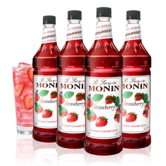 Monin bottle front packaging showing 48 oz label and bright red syrup benefit presentation