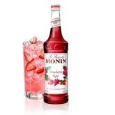 Monin bottle front view showing strawberry rose syrup and elegant label benefits