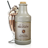 Monin bottle front packaging showing brand and sugar free dark chocolate sauce benefit