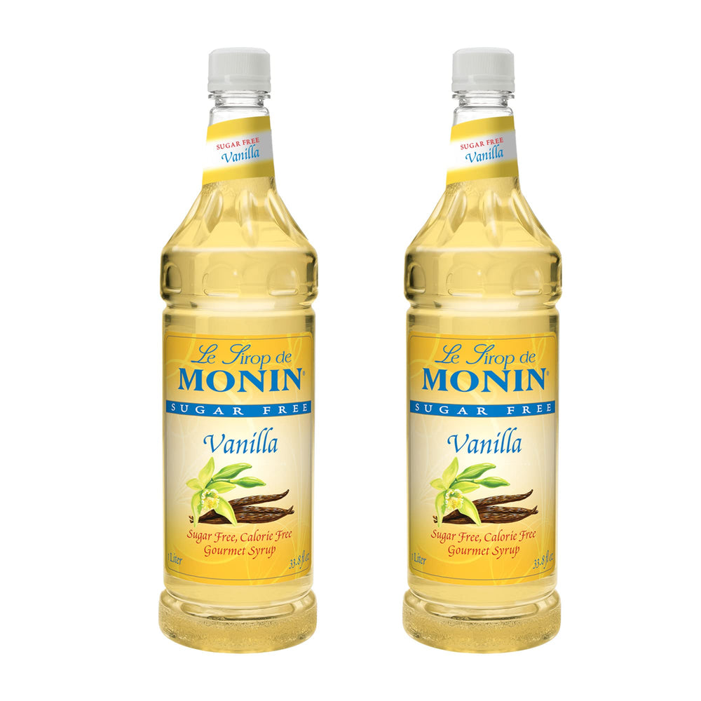 Monin bottle front packaging showing bold vanilla and two-pack convenience benefit