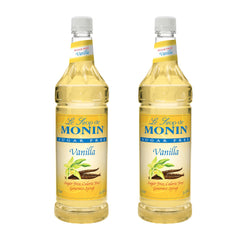 Monin bottle front packaging showing bold vanilla and two-pack convenience benefit