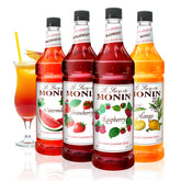 Monin front view of four 1L bottles showing summer variety and vibrant colors for refreshing drinks