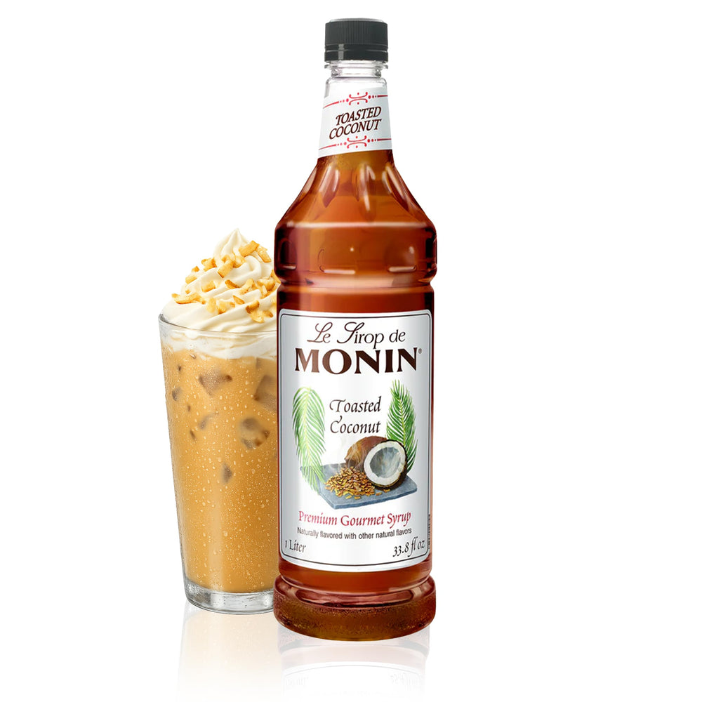 Monin toasted coconut front packaging showing label for easy identification and storage