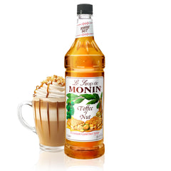 Monin toffee nut bottle front shows product and volume for cafe use