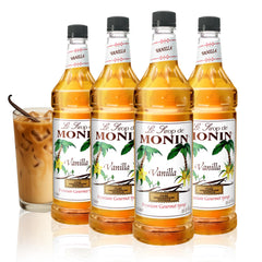 Monin vanilla front packaging showing four 48-ounce bottles and brand clarity