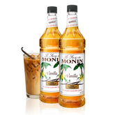 Monin bottle front view showing vanilla syrup and clear branding benefit pours cleanly