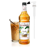 Monin vanilla syrup front boxed bottle highlighting brand and convenience