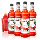 Monin bottle front packaging showing watermelon syrup vibrant color and shelf-ready presentation