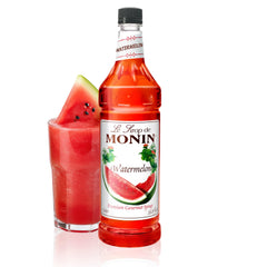 Monin watermelon syrup front bottle showing branding and size for easy identification