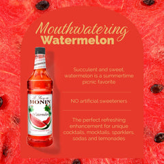 Monin watermelon syrup being poured into a glass to show measured, mess-free serving