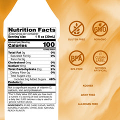 Monin white peach bottle closeup label highlighting non-GMO and allergen-free