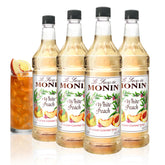 Monin bottle front packaging showing white peach label and brand benefit