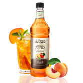 Monin bottle front label showing peach flavor and zero calorie benefit