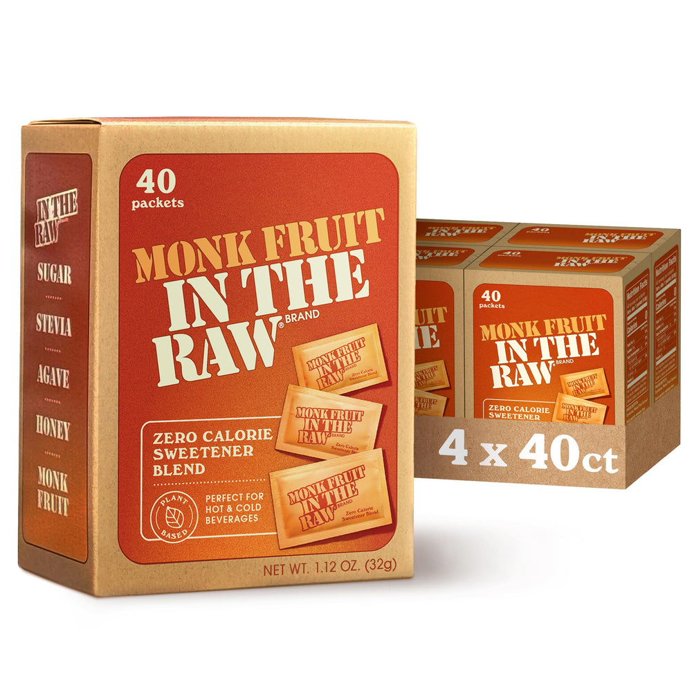 Monk Fruit In The Raw front packaging showing packet count and branding benefit convenience