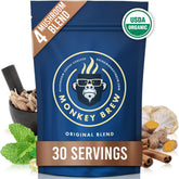 Monkey Brew front packaging showing organic badge and benefits