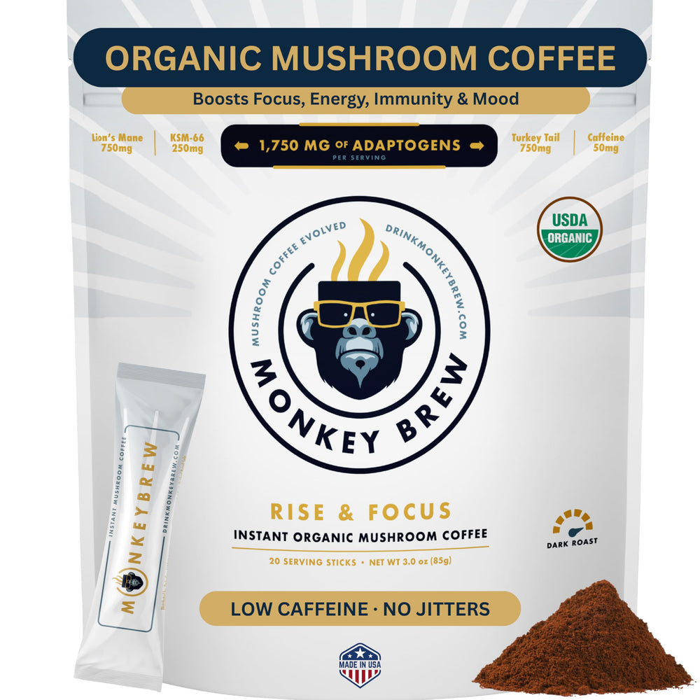 Monkey Brew front packaging showing organic mushroom coffee and benefits