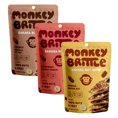 Monkey Brittle front packaging combo showing three flavor pack and clean ingredients benefit