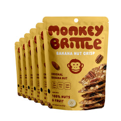 Monkey Brittle front packaging showing original flavor and pack of six, convenient grab-and-go snack