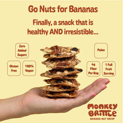 Monkey Brittle organic bananas nuts raisins displayed to show simple ingredients