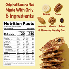 Organic bananas, tree nuts, and raisins arranged next to Monkey Brittle to show simple ingredient list