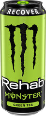 Monster Rehab Green Tea close-up of label and ingredients, emphasizes electrolytes and vitamins