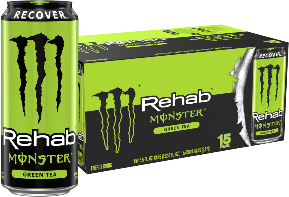 Monster Rehab Green Tea front can showing branding and calorie info, highlights hydration benefit