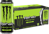 Monster Rehab Green Tea front can showing branding and calorie info, highlights hydration benefit