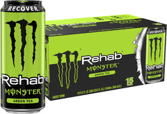 Monster Rehab Green Tea front can showing branding and calorie info, highlights hydration benefit