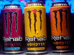 Outdoor picnic scene with Monster Rehab cans illustrating hydration and portable refreshment