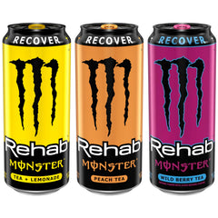 Monster Rehab close-up label and brewed tea texture highlighting electrolytes and vitamins