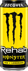 Monster Rehab close-up label focusing on ingredients and caffeine amount for informed choice
