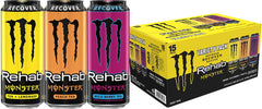 Monster Rehab variety pack front packaging showing three flavors and low-calorie benefit