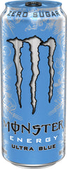 Monster Ultra Blue close-up on frosty can and texture highlighting refreshment