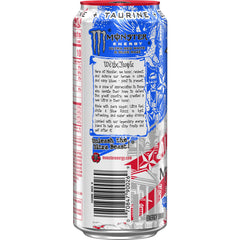 Hand holding Monster Ultra Red White & Blue Razz 16oz can showing size and portability