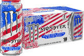 Monster Ultra Red White & Blue Razz front can showing patriotic design and zero sugar benefit