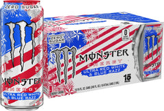 Monster Ultra Red White & Blue Razz front can showing patriotic design and zero sugar benefit