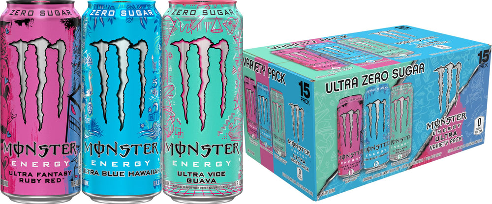 Monster Ultra front-facing can trio showing flavors and clear visual appeal
